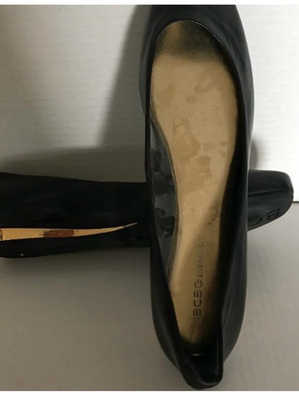 BCBG Black Leather Ballet Flats with Gold Trim (9.5)